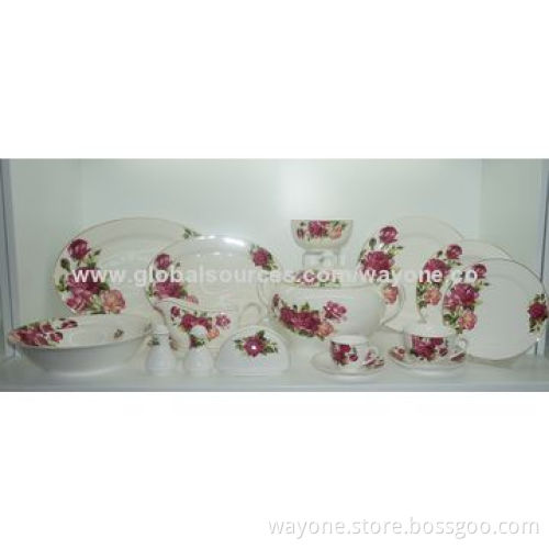 30pcs New Bone China Dinnerware Set, Rose with Shiny Gold Line, Elegant Decal